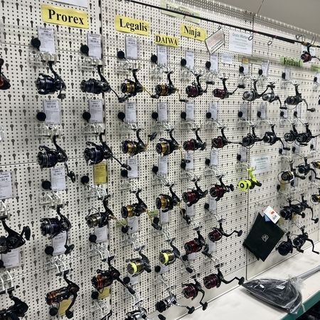 Wanddisplay mit zahlreichen Angelrollen verschiedener Marken, geordnet nach Serien